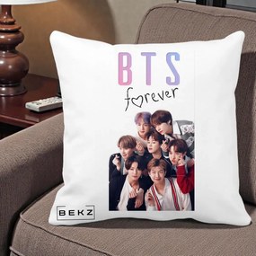 Perna Personalizata K-pop BTS Forever cu Foto Grup Negru, 40x40 cm, Alba Mata, Husa Detasabila, Perna Inclusa, BEKZ®