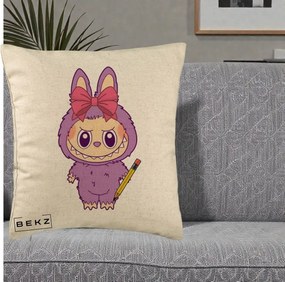 Perna Personalizata Labubu Mov cu Funda Rosie si Creion, 40x40 cm, Bej, Husa Detasabila, Perna Inclusa, BEKZ®