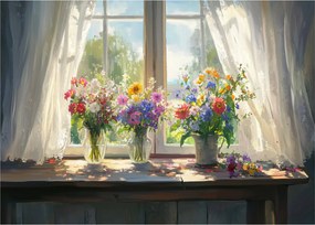Tablou pe sticlă - Buchet la fereastră (70x50 cm)