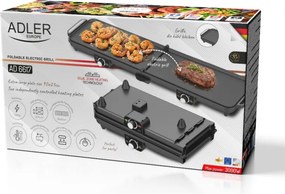 Grătar electric dublu pliabil Adler AD 6617, 3000 W, deschidere la 180°, 96 x 26 cm, plăci antiaderente, 2 termostate, tavă pentru grăsime, negru