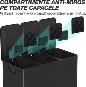HOMCOM Coș de Gunoi cu 3 Secțiuni de 20L cu Pedală și 2 Capace cu Închidere Silențioasă, Coș de Gunoi din Oțel Inoxidabil și PP, 61.9x36.6x56.7 cm, Negru | Aosom Romania