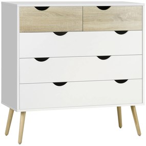 HOMCOM Comodă 5 sertare design scandinav mobilier depozitare cameră placă particule 99 x 39 x 101 cm alb aspect stejar deschis | Aosom Romania