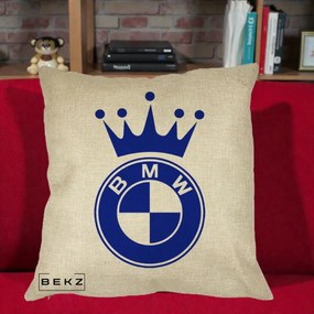 Perna Personalizata cu emblema BMW si Coroana, 40x40 cm, Crem, Husa Detasabila, Perna Inclusa, BEKZ®