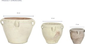 Set 3 ghivece decorative din teracotă artizanală, finisaj craft alb-crem, cu 4 anse fiecare, 45×45×38 cm, „Jerba"