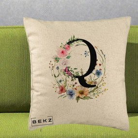 Cadou Personalizat - Perna Personalizata Monogram Litera Q cu Flori Acuarela, 40x40 cm, Bej, Husa Detasabila, Perna Inclusa, BEKZ®