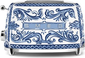 Prajitor de paine SMEG Dolce & Gabbana Blu Mediterraneo TSF01DGBEU, 950 W, 2 felii, 6 trepte, Tava pentru firimituri, Cablu integrat, Otel inoxidabil, Albastru