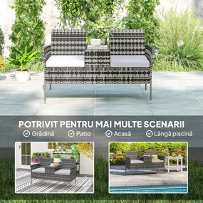Outsunny Bancă de Grădină cu 2 Locuri din Rattan și Oțel, Bancă de Exterior cu Perne și Măsuță Centrală cu Blat din Sticlă Securizată, 135x64x81 cm, Gri Închis | Aosom Romania