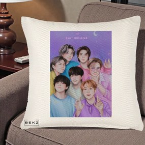 Perna Personalizata K-pop BTS Our Universe Fanart Violet Pastel, 40x40 cm, Crem Reliefat, Husa Detasabila, Perna Inclusa, BEKZ®