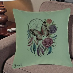 Perna Personalizata Prinzator de Vise cu Fluture si Trandafiri, 40x40 cm, Verde, Husa Detasabila, Perna Inclusa, BEKZ®