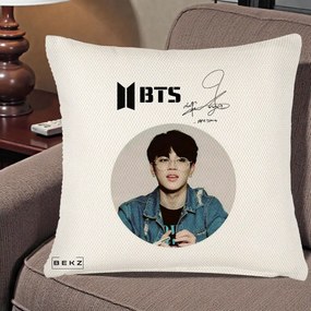 Perna Personalizata K-pop BTS Jimin Portret Cerc Autograf Geaca, 40x40 cm, Crem Reliefat, Husa Detasabila, Perna Inclusa, BEKZ®