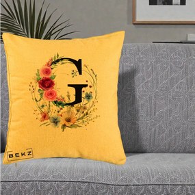 Cadou Personalizat - Perna Personalizata Monogram Litera G cu Flori Acuarela, 40x40 cm, Galben, Husa Detasabila, Perna Inclusa, BEKZ®