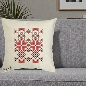 Perna Personalizata Motiv Traditional Cusatura Rosu-Negru, 40x40 cm, Ecru, Husa Detasabila, Perna Inclusa, BEKZ®