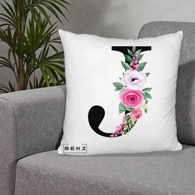 Cadou Personalizat - Perna Personalizata Monograma Florala Litera J, 40x40 cm, Alb Pufos, Husa Detasabila, Perna Inclusa, BEKZ®