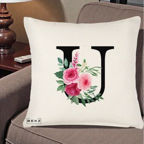 Cadou Personalizat - Perna Personalizata Monograma Florala Litera U, 40x40 cm, Crem Reliefat, Husa Detasabila, Perna Inclusa, BEKZ®