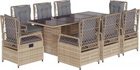 vidaXL Set de masă pentru grădină, 9 piese, cu perne, bej, poliratan