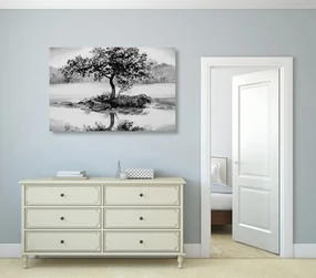 Tablou cireș oriental în design alb-negru