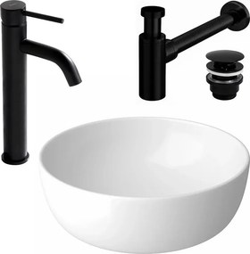 Pachet lavoar pe blat Cersanit Moduo alb 40 cm, baterie lavoar Rea Lungo negru si ventil lavoar Click-Clack negru