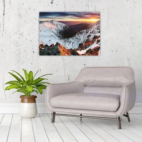 Tablou pe sticlă - Panoramă montană de iarnă (70x50 cm)