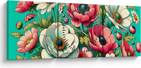 Tablou - Flori pe fundal albastru (cu ceas) (90x30 cm)