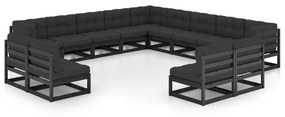 3076958 vidaXL Set mobilier grădină perne, 13 piese, negru, lemn masiv pin
