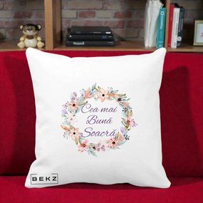 Cadou pentru Soacra - Perna Personalizata Cea mai Buna Soacra cu Coronita Flori Boho Pastel, 40x40 cm, Alba Mata, Husa Detasabila, Perna Inclusa, BEKZ®