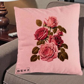 Perna Decorativa Trandafiri Vintage Roz-Rosii, 40x40 cm, Roz, Husa Detasabila, Perna Inclusa, BEKZ®