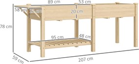 Outsunny Strat Înălțat de Grădină cu Masă Laterală, Raft Inferior și  Orificii de Drenaj, 207x59x78 cm, Lemn Natural | Aosom Romania