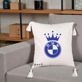Perna Personalizata cu emblema BMW si Coroana, 40x40 cm, Bej cu Franjuri, Husa Detasabila, Perna Inclusa, BEKZ®