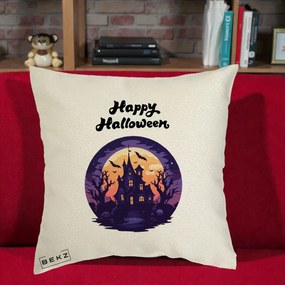 Perna Decorativa Happy Halloween Casa Bantuita Violet, 40x40 cm, Ecru, Husa Detasabila, Perna Inclusa, BEKZ®