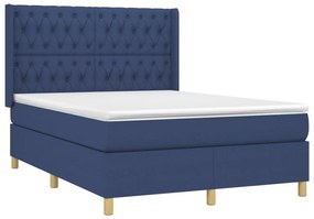 Pat box spring cu saltea, albastru, 140x200 cm, textil Albastru, 140 x 190 cm, Design cu nasturi