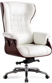 EXECUTIVE IMPERIAL – Scaun Directorial Premium, Tapițerie din Microfibră PU Calitativă, Furnir Curbat Finisaj Nuc, Funcție de Înclinare și Reglaj pe Înălțime Bază din Aluminiu, Alb