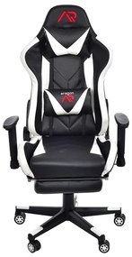 SCAUN DE GAMING, CU SUPORT PENTRU PICIOARE, ALB NEGRU,