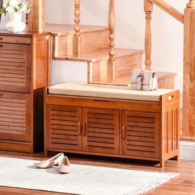 HOMCOM Banc pentru pantofi mobilier pentru pantofi din bambus cu pernă de șezut, 3 uși și compartiment ascuns, maro | Aosom Romania