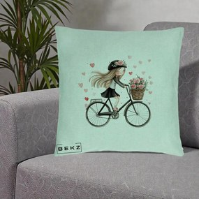 Perna Decorativa Fetita Kawaii pe Bicicleta cu Trandafiri si Inimioare, 40x40 cm, Verde Menta, Husa Detasabila, Perna Inclusa, BEKZ®