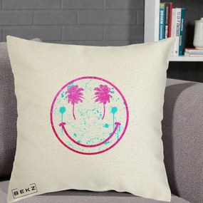 Perna Decorativa Smiley Face Tropical Glitter Roz, 40x40 cm, Ecru, Husa Detasabila, Perna Inclusa, BEKZ®