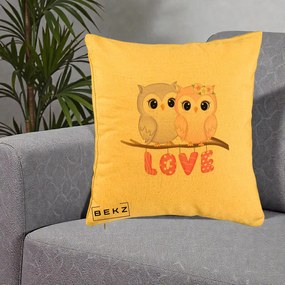 Perna Decorativa Love Bufnite Indragostite pe Crenguta Roz si Mov, 40x40 cm, Galben, Husa Detasabila, Perna Inclusa, BEKZ®