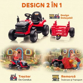 AIYAPLAY 2 în 1 Tractor Electric pentru Copii 3-8 Ani cu Remorcă Detașabilă, Telecomandă, Muzică, Lumini, Roșu | Aosom Romania