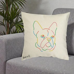 Perna Decorativa Bulldog Francez Line Art Curcubeu, 40x40 cm, Ecru, Husa Detasabila, Perna Inclusa, BEKZ®