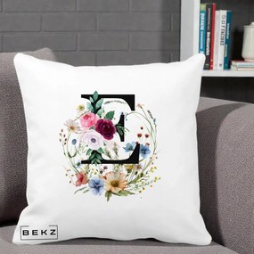 Cadou Personalizat - Perna Personalizata Monogram Litera E cu Flori Acuarela, 40x40 cm, Alba Mata, Husa Detasabila, Perna Inclusa, BEKZ®