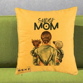 Cadou pentru Mama - Perna Personalizata Super Mom, 40x40 cm, Galben, Husa Detasabila, Perna Inclusa, BEKZ®