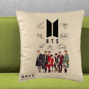 Perna Personalizata K-pop BTS Semnaturi Foto, 40x40 cm, Bej, Husa Detasabila, Perna Inclusa, BEKZ®