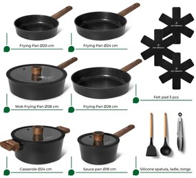 Set de oale si tigai Just Perfecto JL-111, 15 piese, Acoperire din granit, Inductie, Ustensile, Negru