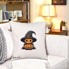 Perna Decorativa Halloween Dovleac Vrajitor Kawaii, 40x40 cm, Bej cu Franjuri, Husa Detasabila, Perna Inclusa, BEKZ®