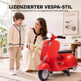 AIYAPLAY Motocicletă Electrică pentru Copii 3+ Ani, licență VESPA, 6V, cu roți ajutătoare detașabile, max. 30 kg, Roșu | Aosom Romania