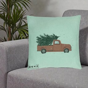 Perna Decorativa Camioneta Terracotta Brad de Craciun, 40x40 cm, Verde Menta, Husa Detasabila, Perna Inclusa, BEKZ®