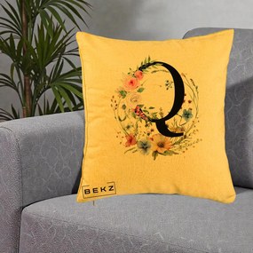 Cadou Personalizat - Perna Personalizata Monogram Litera Q cu Flori Acuarela, 40x40 cm, Galben, Husa Detasabila, Perna Inclusa, BEKZ®