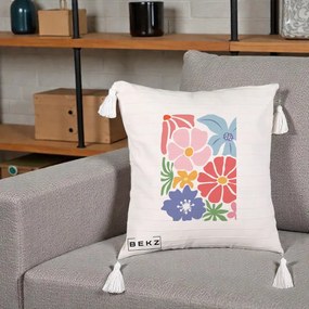 Perna Decorativa Flori Grafice Roz-Rosu-Albastru, 40x40 cm, Bej cu Franjuri, Husa Detasabila, Perna Inclusa, BEKZ®
