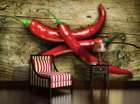Fototapet - Chili ardei pe scănduri (254x184 cm)