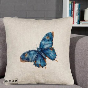 Perna Decorativa Fluture Albastru Satin cu Pete Aurii, 40x40 cm, Bej Canapea, Husa Detasabila, Perna Inclusa, BEKZ®