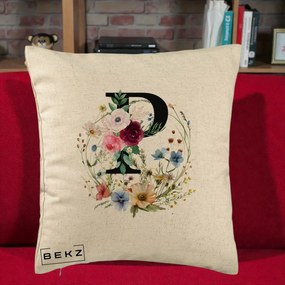 Cadou Personalizat - Perna Personalizata Monogram Litera P cu Flori Acuarela, 40x40 cm, Bej, Husa Detasabila, Perna Inclusa, BEKZ®
